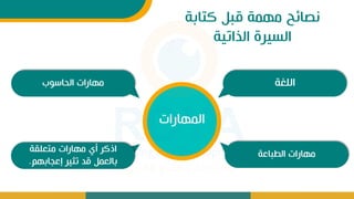‫كتابة‬ ‫قبل‬ ‫مهمة‬ ‫نصائح‬
‫الذاتية‬ ‫السيرة‬
‫الحاسوب‬ ‫مهارات‬
‫متعلقة‬ ‫مهارات‬ ‫أل‬ ‫اذكر‬
‫إعجابهم‬ ‫تثير‬ ‫قد‬ ‫بالعمل‬
.
‫اللية‬
‫الطباعة‬ ‫مهارات‬
‫المهارات‬
 