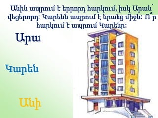 Անի
Արա
Կարեն
Անին ապրում է երրորդ հարկում, իսկ Արան՝
վեցերորդ: Կարենն ապրում է նրանց միջև: Ո՞ր
հարկում է ապրում Կարենը:
 