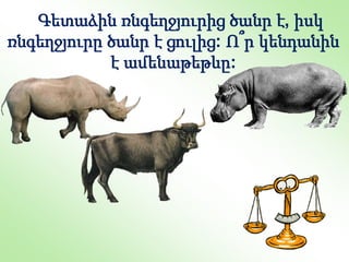 Գետաձին ռնգեղջյուրից ծանր է, իսկ
ռնգեղջյուրը ծանր է ցուլից: Ո՞ր կենդանին
է ամենաթեթևը:
 