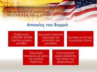 Αποικίες του Βορρά
Πληθυσμός:
1.000.000, 40.000
περίπου μαύροι
σκλάβοι
Δυναμική αγροτική
οικονομία και
ανάπτυξη του
εμπορίου
Εμπόριο με κέντρο
τις μεγάλες πόλεις
Οικονομία
παρόμοια με εκείνη
της Δυτικής
Ευρώπης
Πανεπιστήμια:
χώροι διάδοσης
των ιδεών του
Διαφωτισμού
 