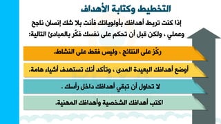 ‫األهداف‬ ‫وكتابة‬ ‫التخطيط‬
‫ناجح‬ ‫إناان‬ ‫عك‬ ‫بال‬ ‫فأن‬ ‫بأولويانك‬ ‫أهوافك‬ ‫نربط‬ ‫ك‬ ‫إذا‬
‫التا‬ ‫اائ‬ ‫بالم‬ ‫ّر‬
‫ك‬‫ف‬ ‫نفاك‬ ‫على‬ ‫نحكم‬ ‫أن‬ ‫ا‬ ‫ولكن‬ ‫ر‬ ‫وعملي‬
‫لية‬
:
‫شاط‬ ‫ال‬ ‫على‬ ‫فقط‬ ‫وليس‬ ‫ر‬ ‫تائج‬ ‫ال‬ ‫على‬ ّ
‫ك‬‫ر‬
.
‫هامة‬ ‫أعياء‬ ‫ناتيوف‬ ‫أنك‬ ‫ونأكو‬ ‫ر‬ ‫الموى‬ ‫يوة‬ ‫ال‬ ‫أهوافك‬ ‫أوضع‬
.
‫رأسك‬ ‫ااخ‬ ‫أهوافك‬ ‫قي‬ ‫ن‬ ‫أن‬ ‫نحاول‬ ‫ال‬
.
‫ية‬ ‫المي‬ ‫وأهوافك‬ ‫الشخصية‬ ‫أهوافك‬ ‫اكتب‬
.
 