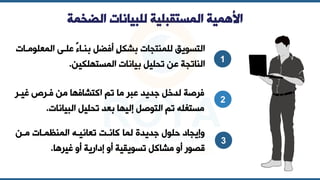 ‫الضخم‬ ‫للبيانات‬ ‫المستقبلية‬ ‫األهمية‬
‫ة‬
1
2
3
‫الم‬ ‫علاى‬ ً‫بناا‬ ‫أفضل‬ ٍ‫ل‬‫بشك‬ ‫للمنتجات‬ ‫التسويق‬
‫لوماات‬
‫المستهلكين‬ ‫بيانات‬ ‫تحليل‬ ‫عن‬ ‫الناتجة‬
.
‫ييار‬ ‫فار‬ ‫من‬ ‫اكتشافها‬ ‫تم‬ ‫ما‬ ‫عبر‬ ‫جديد‬ ‫لدخل‬ ‫فرصة‬
‫البيانات‬ ‫تحليل‬ ‫د‬ ‫ب‬ ‫إليها‬ ‫التوصل‬ ‫تم‬ ‫مستغله‬
.
‫مان‬ ‫المناماات‬ ‫انياه‬ ‫ت‬ ‫كانات‬ ‫لما‬ ‫جديدة‬ ‫حلول‬ ‫وإيجاد‬
‫ييرها‬ ‫أو‬ ‫إدارية‬ ‫أو‬ ‫تسويقية‬ ‫مشاكل‬ ‫أو‬ ‫قصور‬
.
 