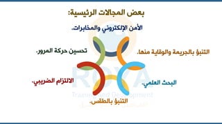 ‫الرئيسية‬ ‫المجاالت‬ ‫ض‬ ‫ب‬
:
‫والمخابرات‬ ‫اإللكتروني‬ ‫األمن‬
.
‫منها‬ ‫والوقاية‬ ‫بالجريمة‬ ‫التنبؤ‬
.
‫لمي‬ ‫ال‬ ‫البحث‬
.
‫بالطقس‬ ‫التنبؤ‬
.
‫الضريبي‬ ‫االلتزام‬
.
‫المرور‬ ‫حركة‬ ‫تحسين‬
.
 