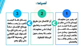 ‫أهميتها‬
:
1
‫معلومةات‬ ‫عةن‬ ‫يعبةر‬ ‫أنه‬
(
‫وجدانيةةة‬
)
‫ةةل‬ ‫مقا‬ ‫فةةي‬
‫ةن‬‫ة‬‫ع‬ ‫ةد‬‫ة‬‫الجس‬ ‫ةة‬‫ة‬ ‫ل‬ ‫ةر‬‫ة‬‫تعبي‬
‫ةةةةةةل‬‫ة‬‫تتص‬ ‫ةةةةةةات‬‫ة‬‫معلوم‬
‫مةن‬ ‫يمكةن‬ ،‫المضمون‬
‫ةةب‬‫ة‬‫الح‬ ‫ةةال‬‫ة‬‫إيص‬ ‫ةةا‬‫ة‬‫الله‬،
‫ةةةةةةره‬‫ة‬‫والك‬ ‫ه‬ ‫ةةةةةةب‬‫ة‬‫وال‬
‫واالهتمام‬
.
2
‫طريد‬ ‫عن‬ ‫االتصال‬ ‫أن‬
‫ينطةةوي‬ ‫الجسةةد‬ ‫ةةة‬ ‫ل‬
‫ةات‬‫ة‬‫معلوم‬ ‫ةى‬‫ة‬‫عل‬ ‫ا‬ ً
‫ة‬‫ة‬‫أيض‬
‫ةةةمون‬‫ة‬‫مض‬ ‫ةةةلة‬‫ة‬‫متص‬
‫اللفظية‬ ‫الرسالة‬
.
3
‫ةةد‬‫ة‬‫الجس‬ ‫ةةة‬‫ة‬ ‫ل‬ ‫ةةائل‬‫ة‬‫رس‬
،‫ةةةةةدقها‬‫ة‬‫ص‬ ‫ةةةةةز‬‫ة‬‫تتمي‬
ً‫ة‬‫عةاد‬ ‫اإلنسةان‬ ‫ويحتاج‬
‫ةةةرة‬
‫ة‬‫كثي‬ ‫نمةةةاذج‬ ‫إلةةةى‬
‫ةي‬‫ة‬‫اللفظ‬ ‫ةر‬‫ة‬‫ري‬ ‫ةلوك‬‫ة‬‫للس‬
‫ةرون‬،‫ار‬ ‫يصدرها‬ ‫التي‬
‫هم‬ ‫يثد‬ ‫حتى‬
.
 