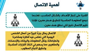 ‫االتصال‬ ‫أهمية‬
‫فعنةدما‬ ،‫المناسةب‬ ‫الشةكل‬ ‫األهةداف‬ ‫إنجاز‬ ‫على‬ ‫القدرة‬
‫ننة‬ ‫ف‬ ‫معةينن‬ ٍ‫ف‬‫هةد‬ ‫لتحقيةد‬ ‫المناسةبة‬ ‫المعلومةة‬ ‫نجمع‬
‫ا‬
‫معين‬ ‫هدف‬ ‫نحقد‬ ‫لكي‬ ‫ناجا‬ ‫االتصال‬ ‫نقيم‬
.
‫الشخص‬ ‫أعمال‬ ‫من‬ ‫ًا‬‫ر‬‫كبي‬ ‫ًا‬‫ء‬‫جز‬ ‫يمثل‬ ‫االتصال‬
‫ومشاعرنا‬ ‫أفكارنا‬ ‫فيه‬ ‫نعك‬ ‫التي‬ ‫اليومية‬
‫واإلحص‬ ‫والبيانات‬ ‫المعلومات‬ ‫ونقل‬ ،‫وانطباعاتنا‬
‫اءات‬
‫المناسب‬ ‫القرارات‬ ‫اتخاذ‬ ‫في‬ ‫يسهم‬ ‫مما‬ ،‫والمفاهيم‬
،‫ة‬
‫المطلوب‬ ‫النجاح‬ ‫وتحقيد‬
.
 