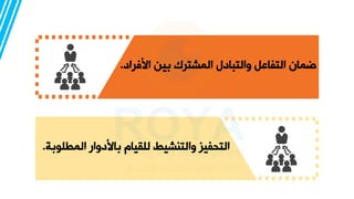 ‫األفراد‬ ‫ين‬ ‫المشترك‬ ‫والتبادل‬ ‫التفاعل‬ ‫ضمان‬
.
‫ة‬ ‫المطلو‬ ‫األدوار‬ ‫للقيام‬ ‫والتنشيط‬ ‫التحفيز‬
.
 