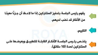 ‫معي‬ ‫ا‬‫جتزء‬ ‫أن‬ ‫الحت‬ ‫ما‬ ‫ا‬ ‫إ‬ ‫المشاركين‬ ‫بتحفيز‬ ‫الجلسة‬ ‫رئيس‬ ‫يقول‬
‫ًتا‬‫م‬
‫لديهم‬ ‫نضب‬ ‫قد‬ ‫فكار‬ ‫ا‬ ‫من‬
.
‫التقييم‬
.
‫تى‬‫ت‬‫عل‬ ‫تها‬‫ت‬‫ويعرض‬ ‫تق‬‫ت‬‫للتطبي‬ ‫تة‬‫ت‬‫القابل‬ ‫تار‬‫ت‬‫فك‬ ‫ا‬ ‫تة‬‫ت‬‫الجلس‬ ‫تيس‬‫ت‬‫رئ‬ ‫تص‬‫ت‬‫يلخ‬
‫لمدة‬ ‫المشاركين‬
(
10
‫مقائق‬
.)
 