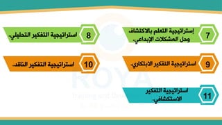 ‫باالكت‬ ‫التعلم‬ ‫إستراتيجية‬
‫شاف‬
‫اإلبداعي‬ ‫المشكالت‬ ‫وحل‬
. 7
‫االبت‬ ‫التفكير‬ ‫استراتيجية‬
‫كاري‬
. 9
‫التفكير‬ ‫استراتيجية‬
‫االستكشافي‬
. 11
‫التح‬ ‫التفكير‬ ‫استراتيجية‬
‫ليلي‬
. 8
‫الماقد‬ ‫التفكير‬ ‫استراتيجية‬
. 10
 