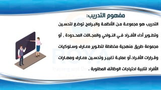‫التدريب‬ ‫مفهوم‬
:
‫ين‬ ‫لتحس‬ ‫س‬ ‫توض‬ ‫رامج‬ ‫والب‬ ‫ة‬ ‫األنةم‬ ‫ن‬ ‫م‬ ‫ة‬ ‫مجموع‬ ‫هو‬ ‫التدريب‬
‫دودة‬ ‫المح‬ ‫االت‬ ‫والمج‬ ‫واحي‬ ‫الن‬ ‫ي‬ ‫ف‬ ‫راد‬ ‫األف‬ ‫أداء‬ ‫وير‬ ‫وتط‬
,
‫أو‬
‫لوكيات‬ ‫وس‬ ‫ارف‬ ‫مع‬ ‫وير‬ ‫لتط‬ ‫مخططة‬ ‫منهجية‬ ‫طريه‬ ‫مجموعة‬
‫ارات‬ ‫ومه‬ ‫ارف‬ ‫مع‬ ‫ين‬ ‫وتحس‬ ‫ر‬ ‫تتيي‬ ‫ة‬ ‫عملي‬ ‫أو‬،‫راد‬ ‫األف‬ ‫رارات‬ ‫وق‬
‫المطلوبة‬ ‫الوظائف‬ ‫احتياجات‬ ‫لتلبية‬ ‫األفراد‬
.
 