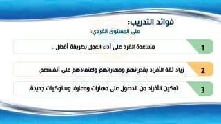 ‫التدريب‬ ‫فوائد‬
:
‫الفردي‬ ‫المستوى‬ ‫على‬
:
‫أفضل‬ ‫بطريقة‬ ‫العمل‬ ‫أداء‬ ‫على‬ ‫الفرد‬ ‫مساعدة‬
. 1
‫أنفسهم‬ ‫على‬ ‫واعتمادهم‬ ‫ومهاراتهم‬ ‫بقدراتهم‬ ‫األفراد‬ ‫ثقة‬ ‫زياد‬
. 2
‫جديدة‬ ‫وسلوكيات‬ ‫ومعارف‬ ‫مهارات‬ ‫على‬ ‫الحصول‬ ‫من‬ ‫األفراد‬ ‫تمكين‬
. 3
 