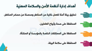‫المهنية‬ ‫والسالمة‬ ‫األمن‬ ‫أنظمة‬ ‫إدارة‬ ‫أهداف‬
‫المخاطر‬ ‫مصادر‬ ‫من‬ ‫ومحصنة‬ ‫المخاطر‬ ‫من‬ ‫خالية‬ ‫للعمل‬ ‫آمنة‬ ‫بيئة‬ ‫تحقيق‬
.
‫العاملين‬ ‫واروا‬ ‫صحة‬ ‫على‬ ‫هة‬ ‫المحا‬
.
‫المنشأة‬ ‫او‬ ‫بالمؤسسة‬ ‫الخاصة‬ ‫الممتلكات‬ ‫على‬ ‫هة‬ ‫المحا‬
.
‫البيئة‬ ‫سالمة‬ ‫على‬ ‫هة‬ ‫المحا‬
.
 
