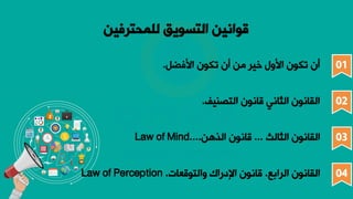 ‫للمحترفين‬ ‫التسويق‬ ‫قوانين‬
01
03
‫األا‬ ‫ترون‬ ‫ن‬ ‫أ‬ ‫ير‬، ‫األول‬ ‫ترون‬ ‫ن‬
.
‫الثالث‬ ‫القانون‬
...
‫الذه‬ ‫قانون‬
...
Law of Mind.
02
04
‫التصنيف‬ ‫قانون‬ ‫الثاني‬ ‫القانون‬
.
‫الرابع‬ ‫القانون‬
.
‫والتوقعال‬ ‫اإلدلاك‬ ‫قانون‬
.
Law of Perception
 