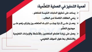 ُّ
‫التعل‬ ‫العملية‬ ‫في‬ ‫التحفيز‬ ‫أهمية‬
‫مية‬
:
➢
‫للمتعلم‬ ‫النفيسة‬ ‫الحاجات‬ ‫تحقيق‬ ‫على‬ ‫يساعد‬
.
➢
‫الطالب‬ ‫لدى‬ ‫الكامنة‬ ‫الطاقات‬ ‫ينمي‬
.
➢
‫للى‬‫ل‬‫عل‬ ‫للزهم‬‫ل‬‫وتركي‬ ‫للين‬‫ل‬‫المتعلم‬ ‫للاك‬‫ل‬‫انتب‬ ‫للب‬‫ل‬‫وجل‬ ‫للارة‬‫ل‬‫إث‬ ‫للى‬‫ل‬‫عل‬ ‫للل‬‫ل‬‫يعم‬
‫ُّم‬
‫التعل‬ ‫موضوع‬
.
➢
‫التعلي‬ ‫واإلجراءات‬ ‫باألنشطة‬ ‫المتعلمين‬ ‫اهتمام‬ ‫زيادة‬ ‫على‬ ‫يعمل‬
‫مية‬
‫التعليمي‬ ‫الموقف‬ ‫طول‬ ‫بها‬ ‫واالنشغال‬
.
 