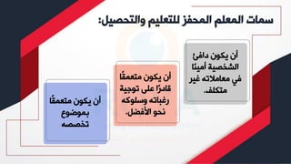 ‫والتحصي‬ ‫للتعليم‬ ‫المحفز‬ ‫المعلم‬ ‫سمات‬
‫ل‬
:
‫ًا‬‫ق‬‫متعم‬ ‫يكون‬ ‫أن‬
‫بموضوع‬
‫تخصصه‬
‫ًا‬‫ق‬‫متعم‬ ‫يكون‬ ‫أن‬
‫توجية‬ ‫على‬ ‫ًا‬‫ر‬‫قاد‬
‫وسلوكه‬ ‫رغباته‬
‫األفضل‬ ‫نحو‬
.
‫دافئ‬ ‫يكون‬ ‫أن‬
ً‫ن‬‫أمي‬ ‫الشخصية‬
‫ا‬
‫غير‬ ‫معامالته‬ ‫في‬
‫متكلف‬
.
 