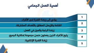 ‫الجماعي‬ ‫العمل‬ ‫أهمية‬
‫األفرا‬ ‫ى‬ ‫ل‬ ‫رة‬ ‫الق‬ ‫ة‬ ‫ياا‬ ‫إلى‬ ‫ي‬ ‫اؤ‬
.
‫المشترية‬ ‫اف‬ ‫باأله‬ ‫المطلق‬ ‫واإلامان‬ ‫القناعة‬
.
‫العمل‬ ‫في‬ ‫والميل‬ ‫الرغبة‬ ‫ة‬ ‫ياا‬
.
‫الجمي‬ ‫اتية‬ ‫إم‬ ‫عة‬ ‫مجم‬ ‫ضمن‬ ‫ن‬ ‫اعمل‬ ‫الذان‬ ‫لألفرا‬ ‫اتيح‬
‫ع‬
.
‫اإلتتاجية‬ ‫رة‬ ‫الق‬ ‫ة‬ ‫ياا‬
.
1
2
3
4
5
 