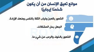 ‫يكون‬ ‫أن‬ ‫من‬ ‫اإلنسان‬ ‫تعيق‬ ‫موانع‬
‫ًا‬‫ي‬‫إيجاب‬ ‫ًا‬
‫ص‬‫شخ‬
‫ة‬ ‫اإلرا‬ ‫يضعف‬ ‫فس‬،‫بال‬ ‫الثقت‬ ‫يغياب‬ ‫بالعجز‬ ‫الشعكر‬
.
‫ما‬ ٍ‫ء‬‫شي‬ ‫من‬ ‫يالرعب‬ ‫بالخكف‬ ‫الشعكر‬
.
‫المشكالت‬ ‫ب‬ ‫الجه‬
. x
 