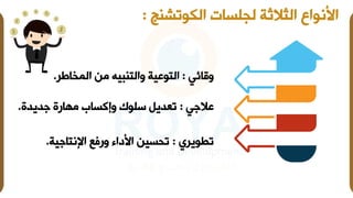 ‫الكوتشت‬ ‫لسات‬ ‫ل‬ ‫اللالثة‬ ‫امنواع‬
:
‫ي‬،‫وقا‬
:
‫المـ‬ ‫من‬ ‫والاتةيه‬ ‫الاوعية‬
‫اطر‬
.
‫عالجي‬
:
‫جديدف‬ ‫ف‬ ‫مها‬ ‫وإكساب‬ ‫سلوك‬ ‫تعديل‬
.
‫تنويري‬
:
‫اإلنااجية‬ ‫فع‬ ‫و‬ ‫امداء‬ ‫تحسين‬
.
 