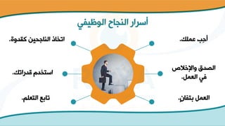 ‫الوظيفي‬ ‫النجاح‬ ‫أسرار‬
‫عملك‬ ‫ِب‬‫ح‬‫أ‬
.
‫كقدوة‬ ‫الناجحين‬ ‫اتخاذ‬
.
‫واإلخالص‬ ‫الصدق‬
‫العمل‬ ‫في‬
.
‫قدراتك‬ ‫استخدم‬
.
ٍ‫ن‬‫بتفا‬ ‫العمل‬
.
‫التعلم‬ ‫تابع‬
.
 