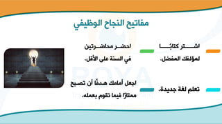 ‫الوظيفي‬ ‫النجاح‬ ‫مفاتيح‬
‫ا‬ ‫كتاب‬ ‫تر‬ ‫اش‬
‫المفضل‬ ‫لمؤلفك‬
.
‫رتين‬ ‫محاض‬ ‫ر‬ ‫احض‬
‫األق‬ ‫على‬ ‫السنة‬ ‫في‬
‫ل‬
.
‫جديدة‬ ‫لغة‬ ‫تعلم‬
.
‫بح‬ ‫تص‬ ‫أن‬ ‫اا‬‫ف‬‫د‬ ‫ه‬ ‫أمامك‬ ‫اجعل‬
‫بعمله‬ ‫تقوم‬ ‫فيما‬ ‫ا‬‫ممتاز‬
.
 