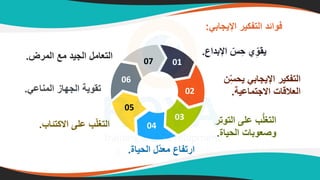 ‫اإليجابي‬ ‫التفكير‬ ‫فوائد‬
:
07
‫المرض‬ ‫مع‬ ‫الجيد‬ ‫امس‬ ‫الت‬
.
06
‫المناري‬ ‫الجهاز‬ ‫تدوية‬
.
05
‫االكتئاب‬ ‫رهم‬ ‫ب‬ّ‫ه‬‫التغ‬
. 04
‫اليياة‬ ‫ّس‬‫د‬ ‫م‬ ‫ارتفاع‬
.
01
‫اإلبداع‬ ّ
‫س‬ ِّ‫ي‬ ‫ي‬ِّّ‫يدو‬
.
02
ِّّ‫ت‬‫يي‬ ‫اإليجابي‬ ‫التفكير‬
‫م‬
‫االجتمارية‬ ‫القات‬ ‫ال‬
.
‫التوتر‬ ‫رهم‬ ‫ب‬ُّ‫ه‬‫التغ‬
‫اليياة‬ ‫وبات‬ ‫وص‬
.
03
 