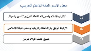 ‫المدرسي‬ ‫لإلعالم‬ ‫العامة‬ ‫األسي‬ ‫هعض‬
:
‫والحياا‬ ‫سا‬ ‫واإل‬ ‫لليو‬ ‫الياملة‬ ‫وتصوراته‬ ‫هاإلسالم‬ ‫ام‬ ‫لت‬ ‫ا‬
.
‫اإلسالمي‬ ‫ا‬ ‫دي‬ ‫ارا‬ ‫وح‬ ‫وتاريخها‬ ‫ا‬ ‫أمت‬ ‫هترا‬ ‫الوثي‬ ‫رتهاط‬ ‫ا‬
.
‫للوط‬ ‫ء‬ ‫الو‬ ‫عاطفة‬ ‫تعمي‬
.
01
02
03
 