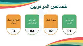 ‫الموهوبين‬ ‫خصائص‬
‫في‬ ‫السرعة‬
‫التعلم‬
.
01
‫التعلم‬ ‫سهولة‬
.
02
‫في‬ ‫التنوع‬
‫االهتمامات‬
.
03
‫مج‬ ‫في‬ ‫التعمق‬
‫ال‬
‫معين‬
.
04
 