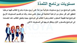 ‫التلمذة‬ ‫برنامج‬ ‫مستويات‬
‫مرح‬ ‫ما‬‫م‬‫فيه‬ ‫مب‬‫م‬‫الطال‬ ‫مدر‬‫م‬‫يت‬ ‫منوات‬‫م‬‫س‬ ‫مع‬‫م‬‫أرب‬ ‫مى‬‫م‬‫عل‬ ‫مة‬‫م‬‫موزع‬ ‫مة‬‫م‬‫متوالي‬ ‫متويات‬‫م‬‫مس‬ ‫مع‬‫م‬‫أرب‬ ‫من‬‫م‬‫م‬ ‫مامج‬‫م‬‫البرن‬ ‫مون‬‫م‬‫يتك‬
‫ما‬‫م‬ً‫ي‬‫ل‬
‫محدد‬ ‫علمي‬ ‫مجال‬ ‫في‬ ‫المتتابعة‬ ‫الرعاية‬ ‫من‬ ‫ممكن‬ ٍ
‫قدر‬ ‫أكبر‬ ‫لتحقي‬
.
‫المسمتو‬ ‫تقسميم‬ ‫تمم‬ ‫وقمد‬
‫األربمع‬ ‫يات‬
‫الطالمب‬ ‫يلتحم‬ ‫بحيث‬ ،‫البرنامج‬ ‫في‬ ‫الطالب‬ ‫وخبرة‬ ‫المقدم‬ ‫المحتوى‬ ‫لطبيعة‬ ‫ا‬ً‫ع‬‫تب‬ ‫للبرنامج‬
‫انضممامه‬ ‫عنمد‬
‫األعلى‬ ‫المستويات‬ ‫في‬ ‫ا‬ً‫ي‬‫تدريج‬ ‫ويتنقل‬ ‫األول‬ ‫بالمستوى‬ ‫البرنامج‬ ‫إلى‬
.
 