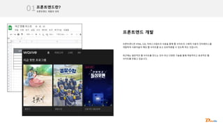 최근에는 일반적인 웹 사이트를 만드는 것이 아닌 다양한 기술을 통해 역동적이고 효과적인 웹
사이트를 만들고 있습니다.
프론트엔드 개발의 의미
프론트엔드란?
01
프론트엔드란 HTML, CSS, 자바스크립트의 사용을 통해 웹 사이트의 그래픽 사용자 인터페이스를
개발하여 사용자들이 해당 웹 사이트를 보고 상호작용할 수 있도록 하는 것입니다.
프론트엔드 개발
 