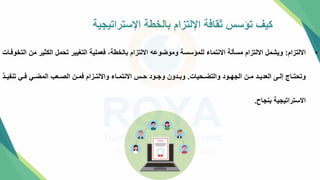 ‫اإلستراتيجية‬ ‫بالخطة‬ ‫اإللتزام‬ ‫ثقافة‬ ‫تؤسس‬ ‫كيف‬
•
‫االلتزام‬
:
‫الكثير‬ ‫تحمل‬ ‫التغيير‬ ‫فعملية‬ ،‫بالخطة‬ ‫االلتزام‬ ‫وموضوعه‬ ‫للمؤسسة‬ ‫االنتماء‬ ‫لة‬ ‫مس‬ ‫االلتزام‬ ‫ويشمل‬
‫التخوفتات‬ ‫من‬
‫تحيات‬‫ت‬‫والتض‬ ‫تود‬‫ت‬‫الجه‬ ‫تن‬‫ت‬‫م‬ ‫تد‬‫ت‬‫العدي‬ ‫تل‬‫ت‬‫إل‬ ‫تاج‬‫ت‬‫وتحت‬
.
‫ت‬‫ت‬‫تنفي‬ ‫تي‬‫ت‬‫ف‬ ‫تي‬‫ت‬‫المض‬ ‫تعب‬‫ت‬‫الص‬ ‫تن‬‫ت‬‫فم‬ ‫تزام‬‫ت‬‫وااللت‬ ‫تاء‬‫ت‬‫االنتم‬ ‫تس‬‫ت‬‫ح‬ ‫تود‬‫ت‬‫وج‬ ‫تدون‬‫ت‬‫وب‬
‫ذ‬
‫بنجاح‬ ‫االستراتيجية‬
.
 