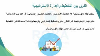 ‫اإلستراتيجية‬ ‫واإلدارة‬ ‫التخطيط‬ ‫بين‬ ‫الفرق‬
‫التشغيلي‬ ‫والتخطيط‬ ‫اإلسترتيجي‬ ‫التخطيط‬ ‫عن‬ ‫اإلسترتيجية‬ ‫اإلدارة‬ ‫تختلف‬
(
‫العملياتي‬
)
‫عد‬ ‫فل‬ ،
‫ناحيتة‬ ‫فمن‬ ‫أوجه‬ ‫ة‬
‫لت‬ ،‫إلبعتاده‬ ‫وإنمتاء‬ ً‫ا‬‫وتوسيع‬ ‫اإلستراتيجي‬ ‫التخطيط‬ ‫مفهوم‬ ‫لتطور‬ ‫ثمرة‬ ‫اإلستراتيجية‬ ‫اإلدارة‬ ‫تعتبر‬
‫التخطتيط‬ ‫فتإن‬ ‫ذا‬
‫اإلستراتيجية‬ ‫اإلدارة‬ ‫عناصر‬ ‫من‬ ‫مهم‬ ‫عنصر‬ ‫هو‬ ‫اإلسترتيجي‬
.
 