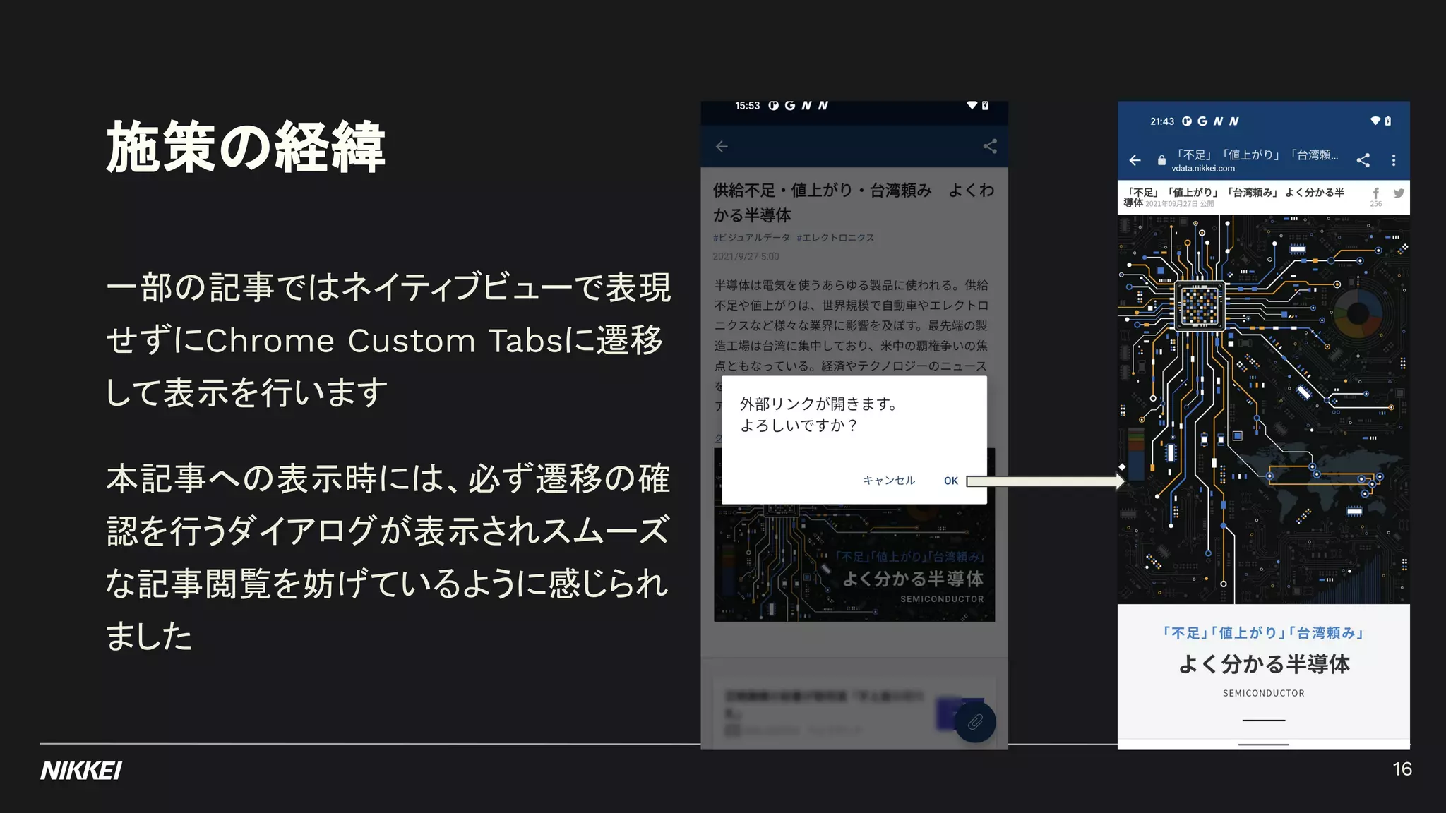 施策の経緯
一部の記事ではネイティブビューで表現
せずにChrome Custom Tabsに遷移
して表示を行います
本記事への表示時には、必ず遷移の確
認を行うダイアログが表示されスムーズ
な記事閲覧を妨げているように感じられ
ました
16
 
