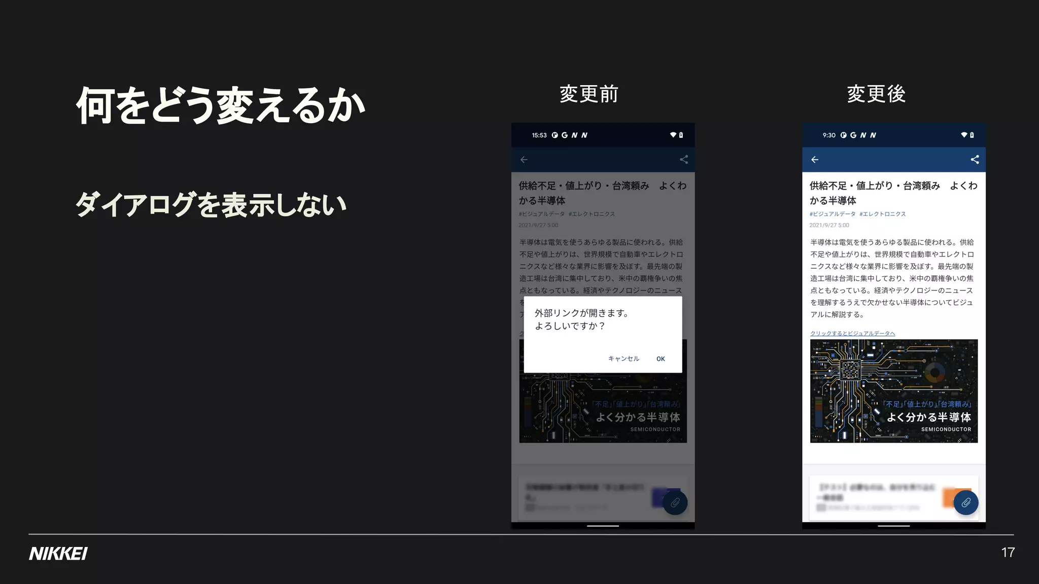 何をどう変えるか
ダイアログを表示しない
変更前 変更後
17
 