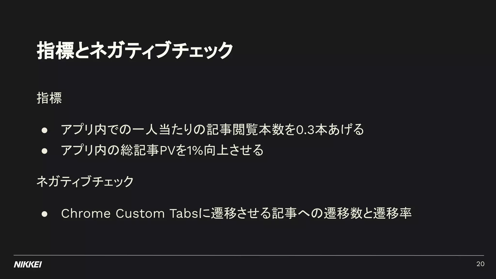 指標とネガティブチェック
指標
● アプリ内での一人当たりの記事閲覧本数を0.3本あげる
● アプリ内の総記事PVを1%向上させる
ネガティブチェック
● Chrome Custom Tabsに遷移させる記事への遷移数と遷移率
20
 