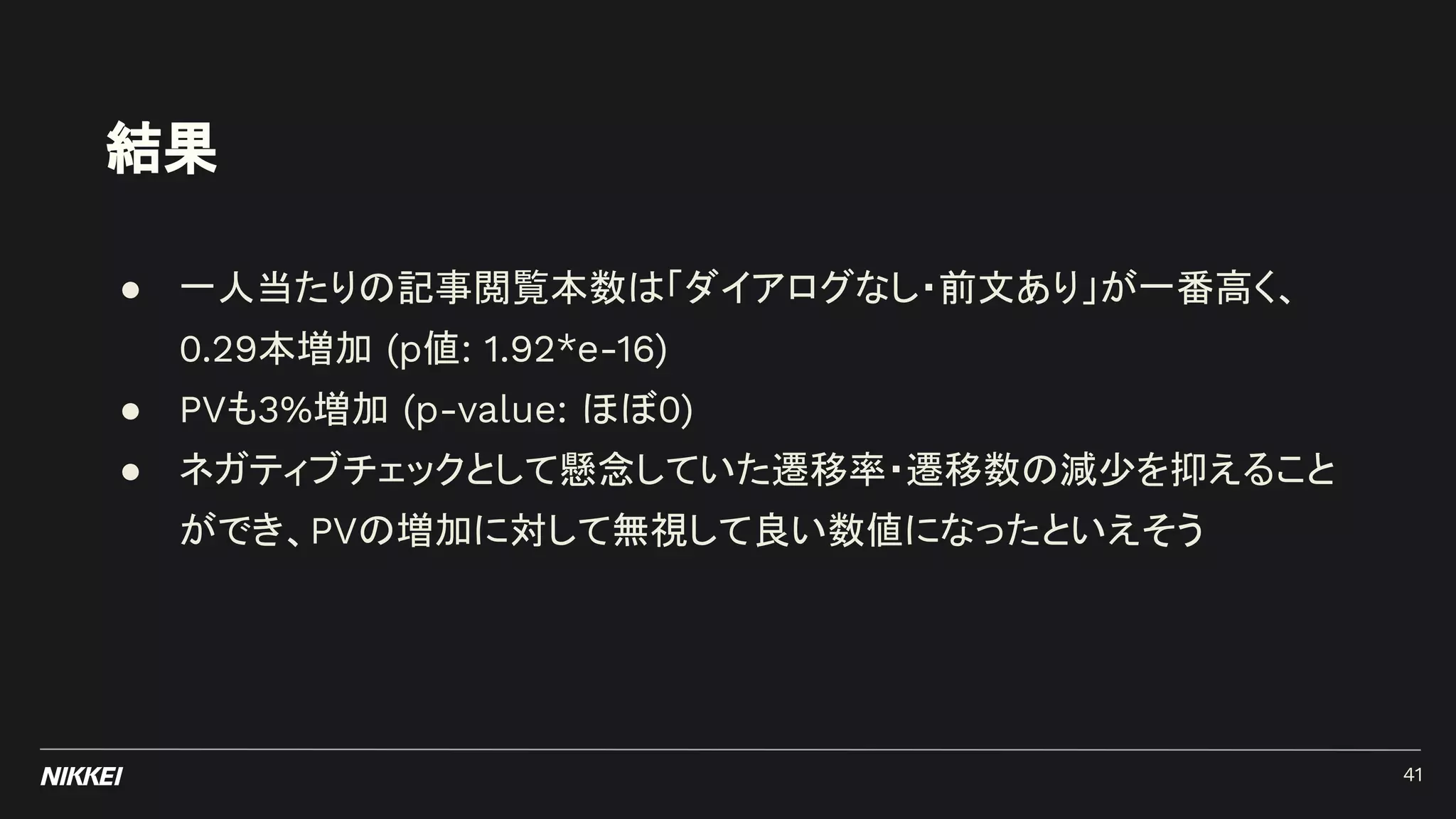 結果
● 一人当たりの記事閲覧本数は「ダイアログなし・前文あり」が一番高く、
0.29本増加 (p値: 1.92*e-16)
● PVも3%増加 (p-value: ほぼ0)
● ネガティブチェックとして懸念していた遷移率・遷移数の減少を抑えること
ができ、PVの増加に対して無視して良い数値になったといえそう
41
 
