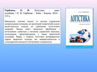 Горбенко, О. В. Логістика : навч.
посібник / О. В. Горбенко. - Київ : Знання, 2014. -
315 с.
Наводяться основні моделі та методи управління
матеріальними потоками, на ґрунтовній теоретичній основі
висвітлюються підходи до здійснення логістичних
операцій. Значну увагу приділено зарубіжним і
вітчизняним здобуткам у питаннях управління запасами,
складування, транспортування, а також практичній
складовій. Поряд з теорією логістики розкриваються
окремі практичні підходи, що використовуються в
господарській діяльності вітчизняних підприємств.
 