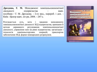 Дроздова, Г. М. Менеджмент зовнішньоекономічної
діяльності підприємства : навч.
посібник / Г. М. Дроздова. - 2-ге вид., перероб. і доп. -
Київ : Центр навч. літ-ри, 2004. - 247 с.
Розглядається суть, мета і завдання менеджменту
зовнішньоекономічної діяльності ЗЕД підприємства, принципи й
методи державного регулювання зовнішньоекономічної
діяльності, управління нею на рівні підприємства; організація і
технологія зовнішньоторгових операцій, транспортне
забезпечення ЗЕД, форми міжнародних розрахунків.
 