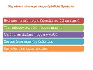 Ενώνουν τα τρία πρώτα δάχτυλα του δεξιού χεριού
Τα σηκώνουν ενωμένα προς το μέτωπο
Μετά τα κατεβάζουν προς την κοιλιά
Στη συνέχεια προς τον δεξιό ώμο
Και τέλος στον αριστερό ώμο.
 