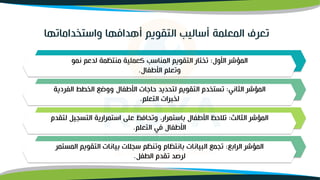 ‫تعرف‬
‫واستخداماتها‬ ‫أهدافها‬ ‫التقويم‬ ‫أساليب‬ ‫المعلمة‬
‫األول‬ ‫المؤشر‬
:
‫نمو‬ ‫لدعم‬ ‫منتظمة‬ ‫كعملية‬ ‫المناسب‬ ‫التقويم‬ ‫تختار‬
‫األطفال‬ ‫وتعلم‬
.
‫الثاني‬ ‫المؤشر‬
:
‫ال‬ ‫الخطط‬ ‫ووضو‬ ‫األطفال‬ ‫حاجات‬ ‫لتحديد‬ ‫التقويم‬ ‫تستخدم‬
‫فردية‬
‫التعلم‬ ‫لخبرات‬
.
‫الثالث‬ ‫المؤشر‬
:
‫التسم‬ ‫استمرارية‬ ‫على‬ ‫وتحافظ‬ ،‫باستمرار‬ ‫األطفال‬ ‫تلحظ‬
‫لتقدم‬ ‫يل‬
‫التعلم‬ ‫في‬ ‫األطفال‬
.
‫الرابو‬ ‫المؤشر‬
:
‫ا‬ ‫التقويم‬ ‫بيانات‬ ‫سملت‬ ‫وتنظم‬ ‫بانتظام‬ ‫البيانات‬ ‫تممو‬
‫لمستمر‬
‫الطفل‬ ‫تقدم‬ ‫لرصد‬
.
 