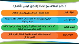 (
‫لألطفال‬ ‫البدني‬ ‫والتطور‬ ‫الصحة‬ ‫نمو‬ ‫المعلمة‬ ‫تدعم‬
)
‫الثالث‬ ‫المؤشر‬
‫العض‬ ‫نمو‬ ‫لدعم‬ ‫أدوات‬ ‫وتوفر‬ ‫متنوعة‬ ‫أنشطة‬ ‫وتنفذ‬ ‫خبرات‬ ‫تعد‬
‫لت‬
‫األطفال‬ ‫عند‬ ‫والدقيقة‬ ‫الكبيرة‬
‫الثاني‬ ‫المؤشر‬
‫حركية‬ ‫مهارات‬ ‫األطفال‬ ‫إكساب‬ ‫عند‬ ‫الفردية‬ ‫الفروق‬ ‫تراعي‬
‫ودقيقة‬ ‫كبير‬
‫األول‬ ‫المؤشر‬
‫لألطفال‬ ‫والحركي‬ ‫المسمي‬ ‫النمو‬ ‫خصائص‬ ‫تعرف‬
‫الرابو‬ ‫المؤشر‬
‫التآزر‬ ‫لتعليل‬ ‫لألطفال‬ ‫متنوعة‬ ‫أنشطة‬ ‫وتنفذ‬ ‫خبرات‬ ‫تعد‬
‫الحركي‬ ‫الحسي‬
 