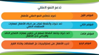 ‫تدعم‬
‫العقلي‬ ‫النمو‬
‫الثالث‬ ‫المؤشر‬
‫الناق‬ ‫التفكير‬ ‫مهارات‬ ‫تطوير‬ ‫في‬ ‫تسهم‬ ‫أنشطة‬ ‫وتنفذ‬ ‫خبرات‬ ‫تعد‬
‫د‬
‫األطفال‬ ‫لدى‬ ‫واإلبداعي‬
‫الثاني‬ ‫المؤشر‬
‫لمهارات‬ ‫األطفال‬ ‫إدراك‬ ‫من‬ ‫تمكن‬ ‫وأنشطة‬ ‫خبرات‬ ‫تعد‬
‫العلمي‬ ‫االستقصاء‬
‫األول‬ ‫المؤشر‬
‫لألطفال‬ ‫العقلي‬ ‫النمو‬ ‫خصائص‬ ‫تعرف‬
‫ئ‬ ‫الرابو‬ ‫المؤشر‬
‫القرار‬ ‫واتخاذ‬ ‫المشكلت‬ ‫حل‬ ‫إستراتيميات‬ ‫على‬ ‫األطفال‬ ‫تدرب‬
 