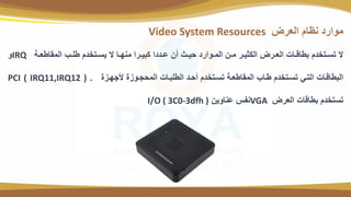‫ةض‬ ‫ال‬ ‫نظا‬ ‫مواةد‬
Video System Resources
‫وة‬‫و‬ ‫المتات‬ ‫وب‬‫و‬‫تب‬ ‫وتاد‬‫و‬‫يس‬ ‫ي‬ ‫وا‬‫و‬‫منل‬ ‫وةا‬‫و‬‫نقي‬ ‫وددا‬‫و‬‫ع‬ ‫أي‬ ‫وا‬‫و‬‫حي‬ ‫وواةد‬‫و‬‫الم‬ ‫وي‬‫و‬‫م‬ ‫وة‬‫و‬‫النثي‬ ‫وةض‬‫و‬ ‫ال‬ ‫وا‬‫و‬‫قتاس‬ ‫وتاد‬‫و‬‫تس‬ ‫ي‬
IRQ
‫و‬
‫يجلو‬ ‫المحجوو‬ ‫التبقوا‬ ‫أحود‬ ‫تسوتاد‬ ‫وة‬ ‫المتات‬ ‫تواب‬ ‫تسوتاد‬ ‫التوي‬ ‫القتاسوا‬
PCI ( IRQ11,IRQ12 ) .
‫ةض‬ ‫ال‬ ‫قتاسا‬ ‫تستاد‬
VGA
‫عناويي‬ ‫ن‬
I/O ( 3C0-3dfh )
 
