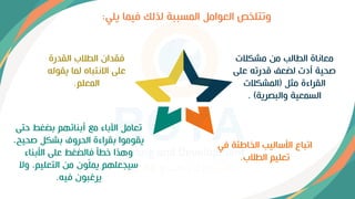 ‫يل‬ ‫ييما‬ ‫لذلك‬ ‫المسببة‬ ‫العوامل‬ ‫وتتلخص‬
‫ي‬
:
‫مشكالت‬ ‫من‬ ‫الطالب‬ ‫معاناة‬
‫عل‬ ‫قدرت‬ ‫لضعف‬ ‫أدت‬ ‫صحية‬
‫ى‬
‫مِل‬ ‫القراءة‬
(
‫المشكالت‬
‫والبصرية‬ ‫السمعية‬
. )
‫ي‬ ‫الخاطئة‬ ‫اقواليب‬ ‫اتباع‬
‫ي‬
‫الطالإ‬ ‫تعليم‬
.
‫حتى‬ ‫بضغط‬ ‫أبنائهم‬ ‫مع‬ ‫اآلباء‬ ‫تعامل‬
‫صحيح‬ ‫بشكل‬ ‫الحروف‬ ‫بقراءة‬ ‫يقوموا‬
،
‫اقبناء‬ ‫على‬ ‫يالضغط‬ ‫خطأ‬ ‫وهذا‬
‫وال‬ ،‫التعليم‬ ‫من‬ ‫و‬ّ‫ل‬‫يم‬ ‫ويجعلهم‬
‫يي‬ ‫يرغبو‬
.
‫القدرة‬ ‫الطالإ‬ ‫يقدا‬
‫يقول‬ ‫لما‬ ‫االنتباه‬ ‫على‬
‫المعلم‬
.
 