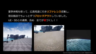 夏季休暇を使って、広島尾道に行きリファレンス収集し、
宿泊施設でちょっとずつブロックアウトしていました。
UE・SDとの連携、含め 全てが初づくし！！
プロトタイプはUEでブロックアウトしています。海はSDでテスト。
 