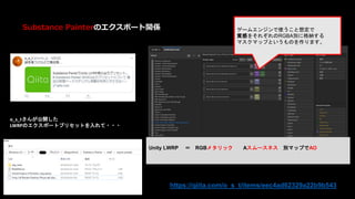 Substance Painterのエクスポート関係
https://qiita.com/o_s_t/items/eec4ad62329a22b9b543
o_s_tさんが公開した
LWRPのエクスポートプリセットを入れて・・・
ゲームエンジンで使うこと想定で
質感をそれぞれのRGBA別に格納する
マスクマップというものを作ります。
Unity LWRP ＝ RGBメタリック Aスムースネス 別マップでAO
 