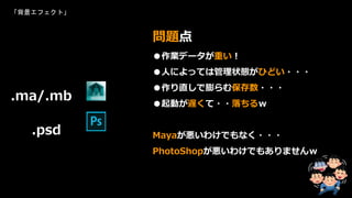 「背景エフェクト」
.ma/.mb
.psd
●作業データが重い！
●人によっては管理状態がひどい・・・
●作り直しで膨らむ保存数・・・
●起動が遅くて・・落ちるｗ
Mayaが悪いわけでもなく・・・
PhotoShopが悪いわけでもありませんｗ
問題点
 