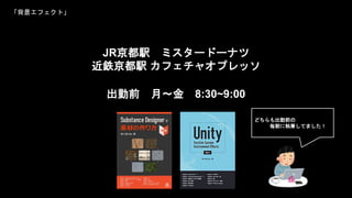 「背景エフェクト」
JR京都駅 ミスタードーナツ
近鉄京都駅 カフェチャオプレッソ
出勤前 月～金 8:30~9:00
どちらも出勤前の
毎朝に執筆してました！
 