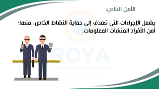 ‫الخاص‬ ‫األمن‬
:
‫منها‬ ،‫الخاص‬ ‫النشاط‬ ‫حماية‬ ‫إلى‬ ‫تهدف‬ ‫التي‬ ‫اإلجراءات‬ ‫يشمل‬
:
‫المعلومات‬ ‫المنشآت‬ ‫األفراد‬ ‫أمن‬
.
 