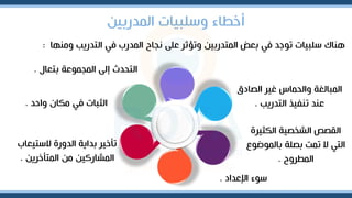 ‫المدربين‬ ‫وسلبيات‬ ‫أخطاء‬
‫ومنها‬ ‫التدريب‬ ‫ف‬ ‫المدرب‬ ‫نجاح‬ ‫على‬ ‫وتؤثر‬ ‫المتدربين‬ ‫برض‬ ‫ف‬ ‫توجد‬ ‫سلبيات‬ ‫هناك‬
:
‫الصادق‬ ‫غير‬ ‫والحماس‬ ‫المبالغة‬
‫التدريب‬ ‫تنفيذ‬ ‫عند‬
.
‫واحد‬ ‫مكان‬ ‫ف‬ ‫الثبات‬
.
‫الستيراب‬ ‫الدورة‬ ‫بداية‬ ‫تأخير‬
‫المتأخرين‬ ‫من‬ ‫المشاركين‬
.
‫الكثيرة‬ ‫الشخصية‬ ‫القصص‬
‫بالموضوع‬ ‫بصلة‬ ‫تمت‬ ‫ال‬ ‫الت‬
‫المطروح‬
.
‫اإلعداد‬ ‫سوء‬
.
‫بترال‬ ‫المجموعة‬ ‫إلى‬ ‫التحدث‬
.
 