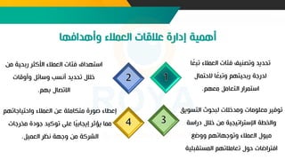 ‫نب‬ ‫العمالء‬ ‫فئات‬ ‫تنصفيف‬ ‫نحديد‬
‫ا‬ً
‫ع‬
‫الحتمات‬ ‫ا‬ً
‫تنبع‬ ‫ربحيتهم‬ ‫لدرجة‬
‫معهم‬ ‫التعامل‬ ‫استمرار‬
.
‫م‬ ‫ربحية‬ ‫األكثر‬ ‫العمالء‬ ‫فئات‬ ‫استهداف‬
‫ن‬
‫تأتقات‬ ‫تسائل‬ ‫أنسب‬ ‫نحديد‬ ‫خالت‬
‫بهم‬ ‫االنصات‬
.
‫التسو‬ ‫لبحوث‬ ‫تمدخالت‬ ‫معلومات‬ ‫نوفير‬
‫يق‬
‫دراسة‬ ‫خالت‬ ‫من‬ ‫اتسترانيجية‬ ‫تالخطة‬
‫تتضع‬ ‫تنوجهانهم‬ ‫العمالء‬ ‫ميوت‬
‫المستقبلي‬ ‫نعامالنهم‬ ‫حوت‬ ‫افتراضات‬
‫ة‬
‫تاحتياجانهم‬ ‫العمالء‬ ‫عن‬ ‫متكاملة‬ ‫صورة‬ ‫إعطاء‬
‫مخرجات‬ ‫جودة‬ ‫نوكيد‬ ‫عل‬ ‫ا‬ً
‫ي‬‫إيجاب‬ ‫ثر‬ ‫ي‬ ‫مما‬
‫العميل‬ ‫نظر‬ ‫تجهة‬ ‫من‬ ‫الشركة‬
.
 