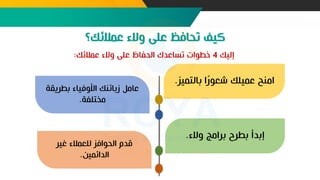 ‫إليك‬
4
‫عمالئك‬ ‫تالء‬ ‫عل‬ ‫الحياظ‬ ‫نساعدك‬ ‫خطوات‬
:
‫بالتمي‬ ‫ا‬ً
‫ر‬‫شعو‬ ‫عميلك‬ ‫امفح‬
‫ز‬
.
‫بطريق‬ ‫األتفياء‬ ‫زبائفك‬ ‫عامل‬
‫ة‬
‫مختلية‬
.
‫تالء‬ ‫برامج‬ ‫بطرح‬ ‫إبدأ‬
.
‫غير‬ ‫للعمالء‬ ‫الحوافز‬ ‫قدع‬
‫الدائمين‬
.
 